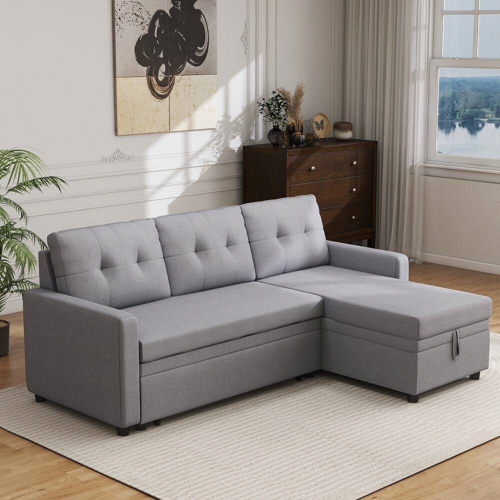 Linen L Shaped Couch Reversible Sleeper Sectional Sofa with Storage Ottoman
