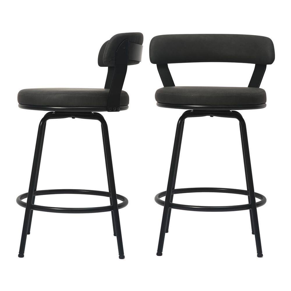 Hausfame 32.5 in. Grey Low Back Metal Frame Swivel Counter Stool with Round PU Leather Seat (Set of 2) HUSF-SBS1006GY-24