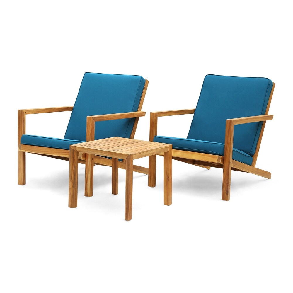 Leah Outdoor 3 piece Acacia Wood Chat Set with Cushions by Christopher Knight Home