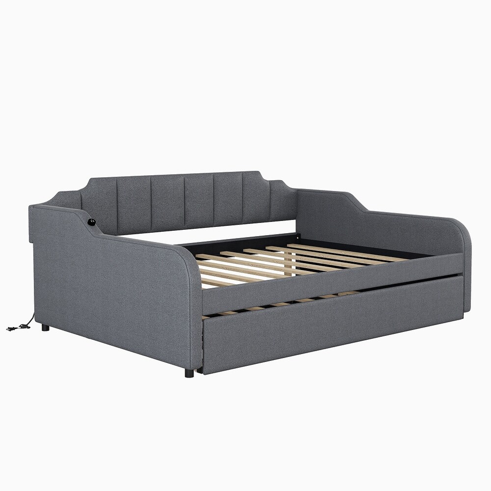 Full Size Grey Upholstered Daybed with Adjustable Trundle and USB Port