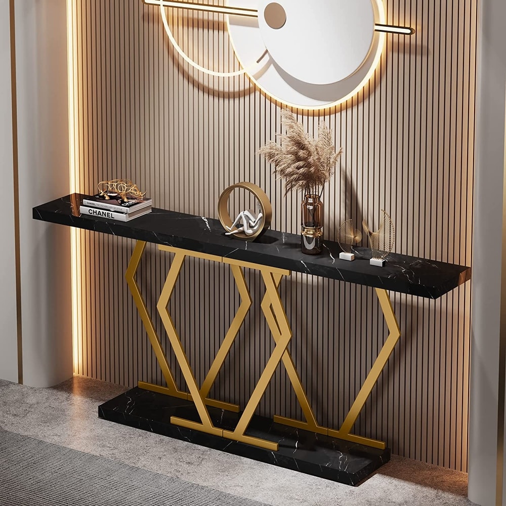 70.9 Inches Modern Console Table  Extra Long Sofa Table with Faux Marble Tabletop and Gold Base