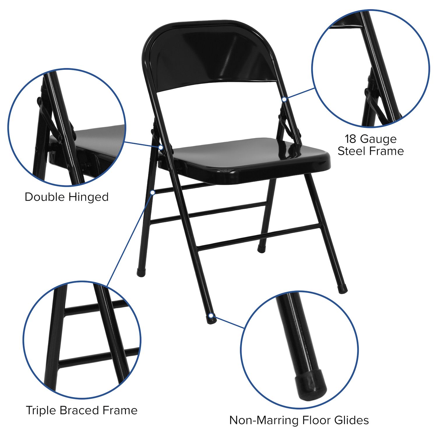 Emma and Oliver 4 Pack Triple Braced and Double Hinged Metal Folding Chair