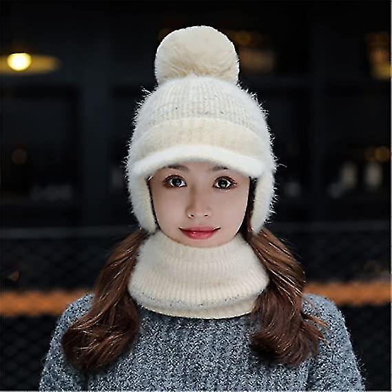 Womens Earmuffs Scarf Hat Flocking Thermal Cycling Warm Winter Scarf Hat Knitting Women Vintage Baseball Cap2pcswhite