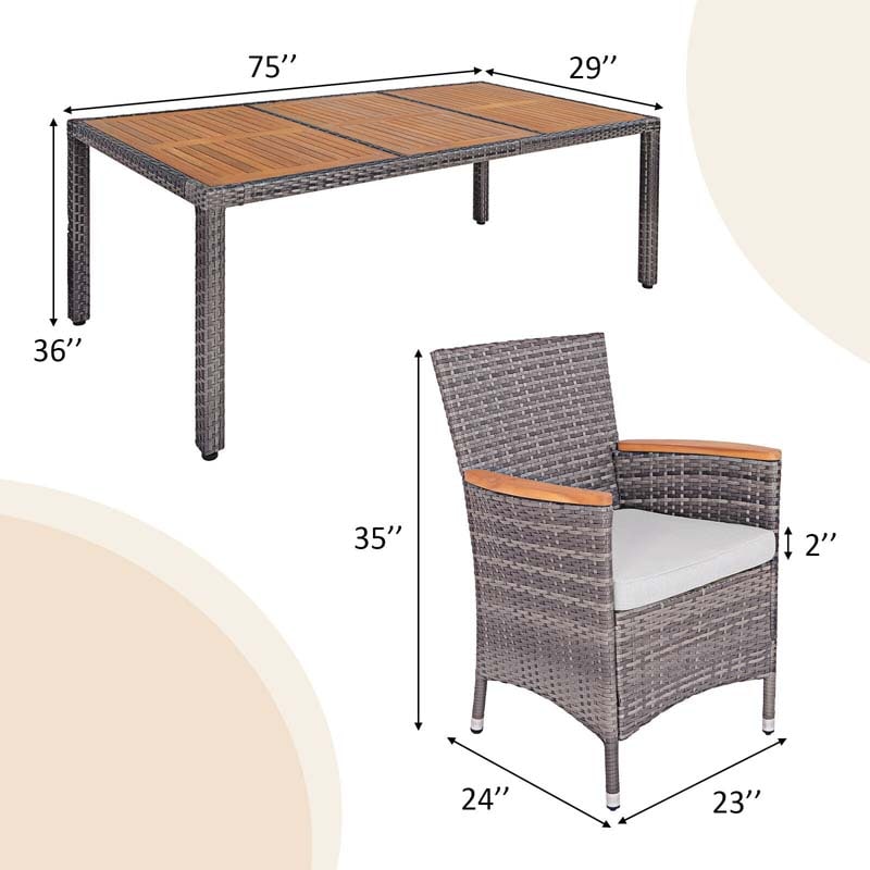 9 Pcs Rattan Patio Dining Set Outdoor Furniture Set with Acacia Wood Table & Cushioned Armchairs