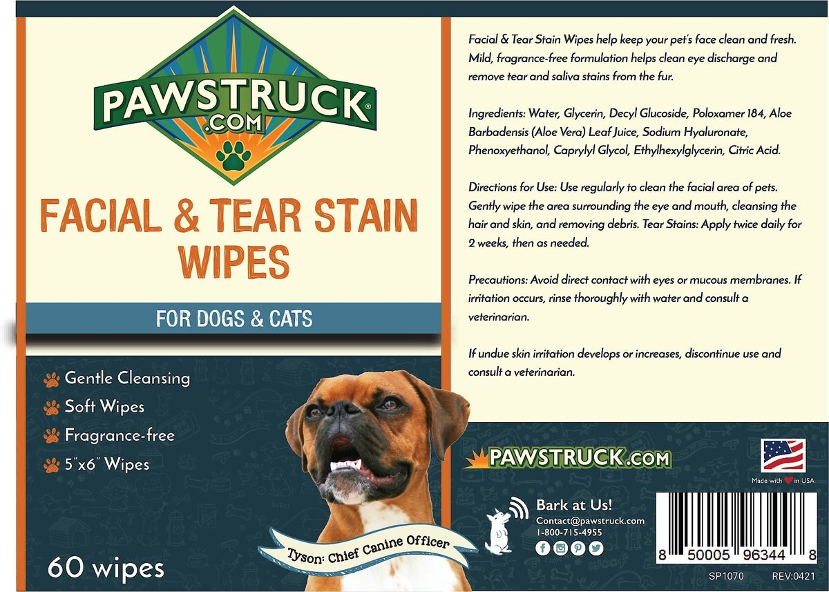 Pawstruck Facial and Tear Stain Dog and Cat Wipes， 60 count