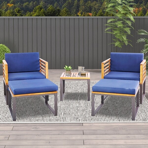 Gymax 5PCS Patio Acacia Wood Chair and Ottoman Set Outdoor Furniture Set