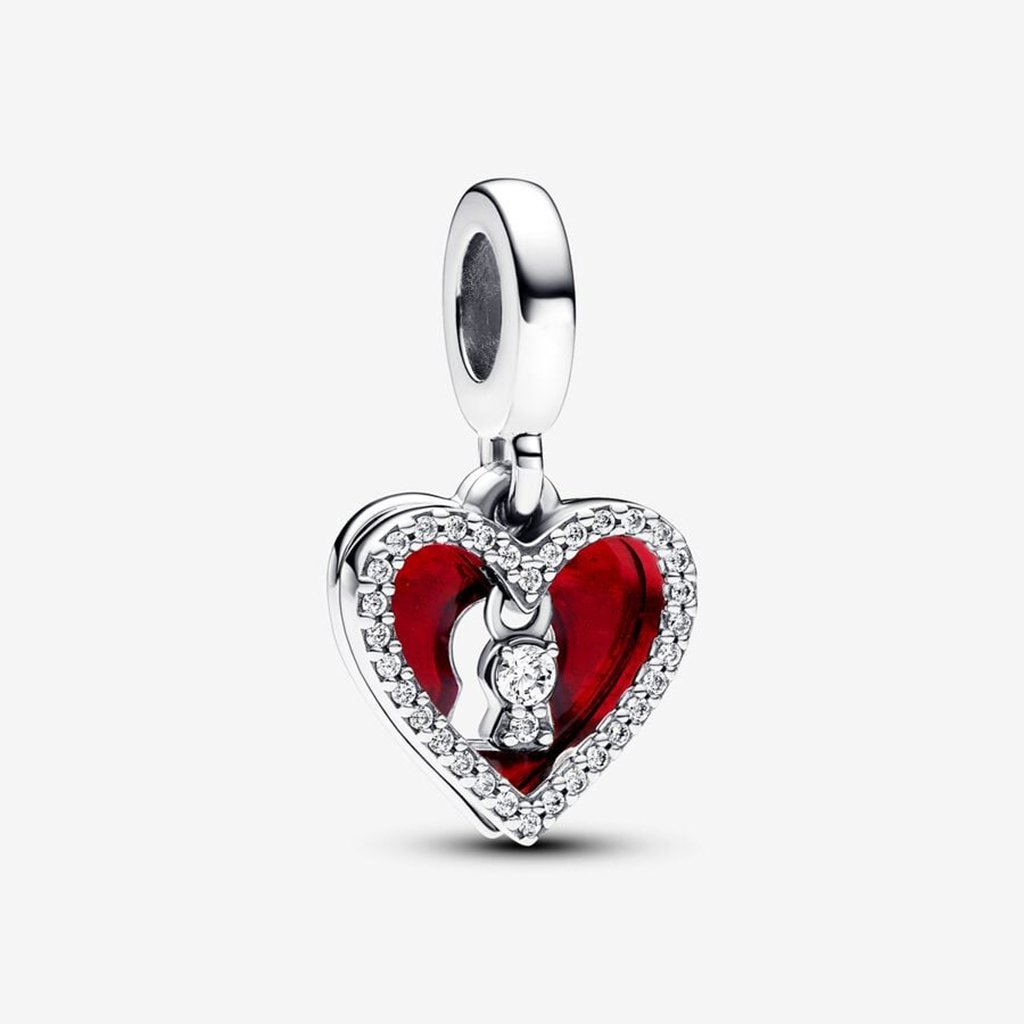 PANDORA  Red Heart & Keyhole Double Dangle Charm in Sterling Silver