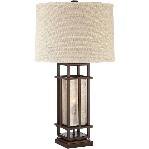 Tall Brown Caged With Led Nightlight Oatmeal Fabric Drum Shade For Bedroom Living Room