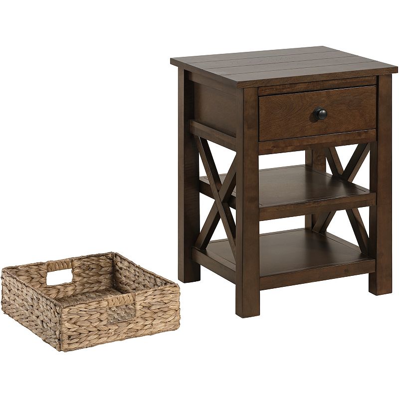 eHemco X-Side Solid End Table Nightstand with Drawer， 2 Storage Shelves and Wicker Basket