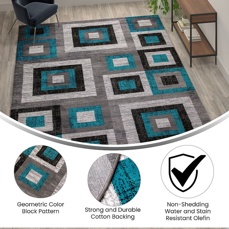 Masada Rugs Newton Collection Modern 8'x10' Accent Rug with Geometric Square Pattern in Turquoise， Gray and White