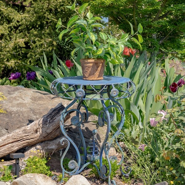 25.2 Inch Tall Round Iron Table with Flower Accents