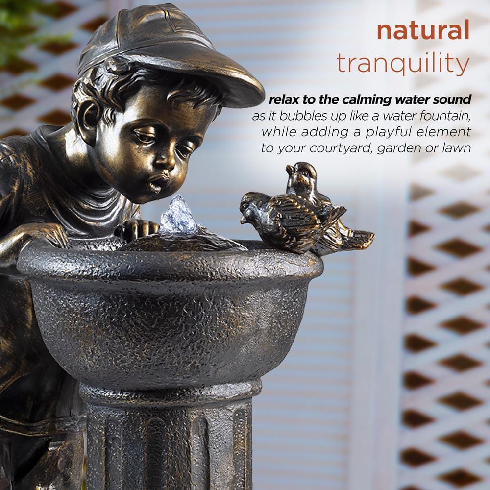 Alpine Corporation 27 in. Tall Indoor/Outdoor Boy Drinking From Water Fountain with LED Lights, Bronze GXT740