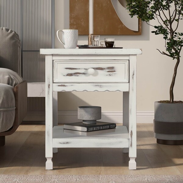 Classical BlackandWhite End Table with Open Styled Shelf Large Storage Space，Side Table Drawer with Metal Handles for Living Room