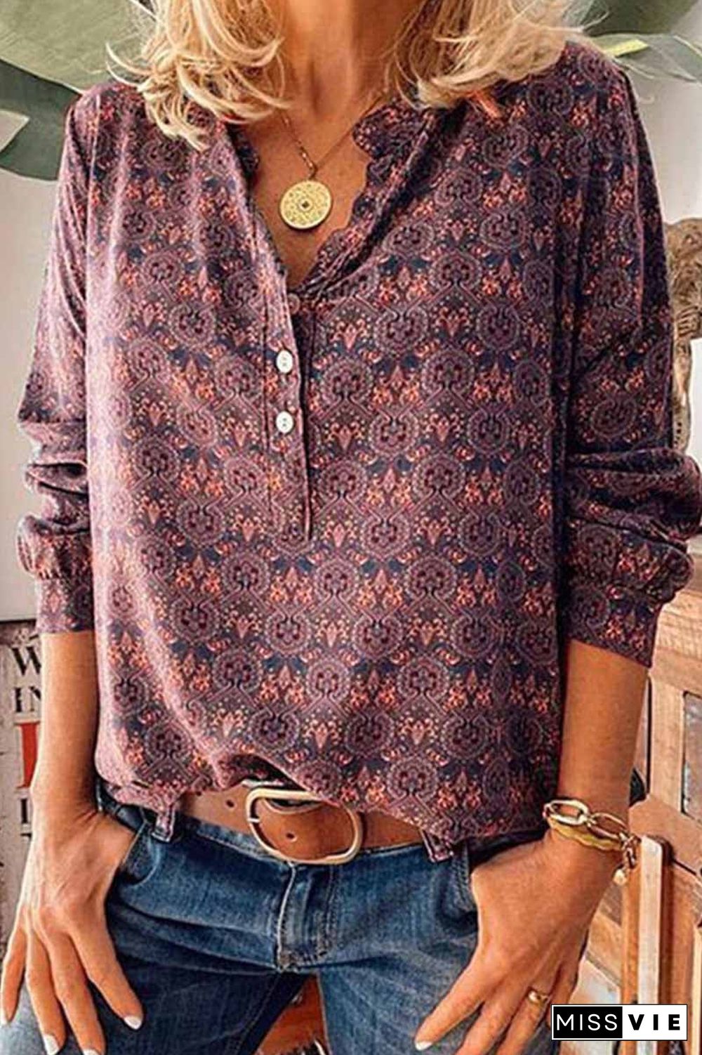 Vintage V-Neck Button Print Shirt(3 Colors)