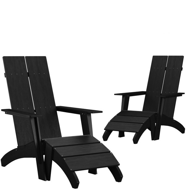 Merrick Lane Set Of 2 Adirondack Slatted Back Patio Chairs With Accompanying Foot Ottomans