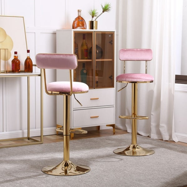 Velvet Bar Stools With Gold Metal Legs，Counter Height Dining Chairs with Back and Footrest，Set of 2