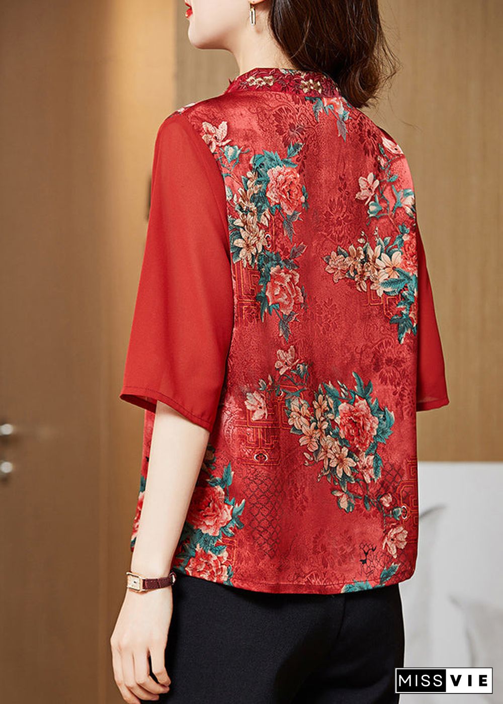 Vintage Red V Neck Embroideried Patchwork Silk Blouse Top Half Sleeve