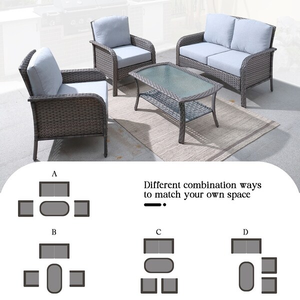 HOOOWOOO Outdoor 4piece Wicker Conversation Sofa Set with Glass Coffee Table