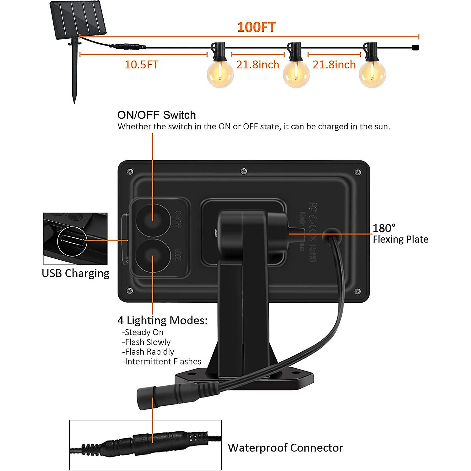 100ft Solar Outdoor String Lights With Remote - Usb Rechargeable Solar Powered Outdoor Patio Lights， Larger 5w Solar Panel ， Timer， Dimmable Shatterpr