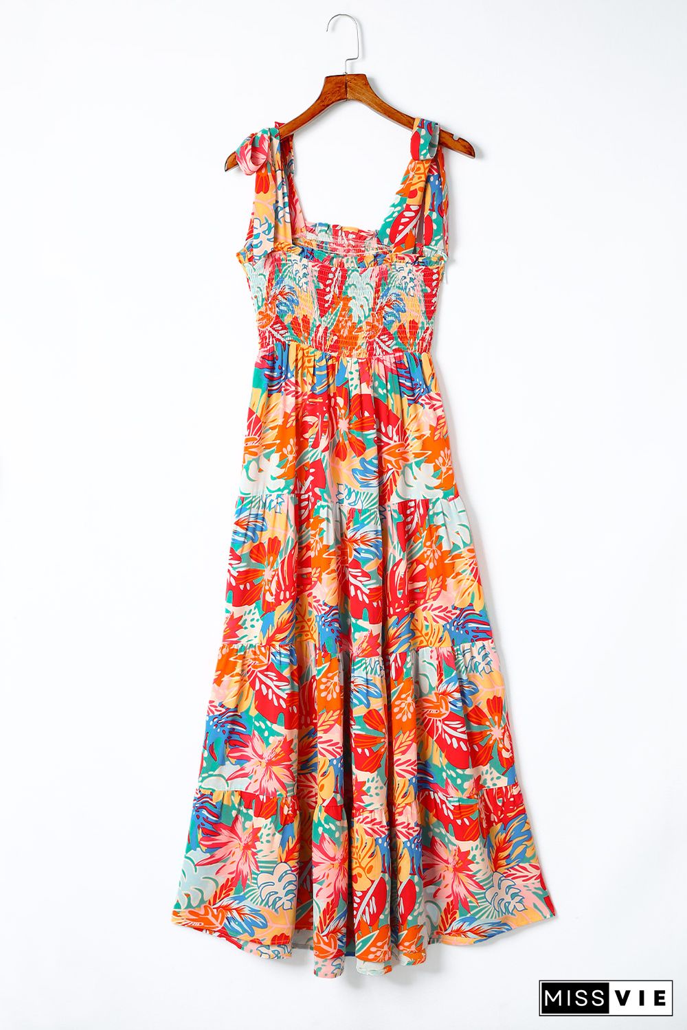 Multicolor Vibrant Tropical Print Smocked Ruffle Tiered Maxi Dress