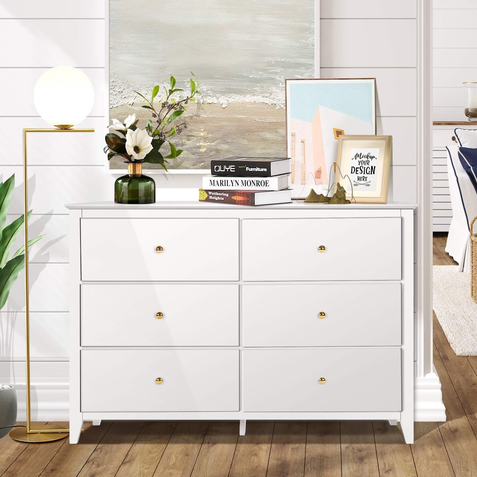 SEJOV 6 Drawers Dresser White Closets Chest Tall Nightstand Double Dresser with Gold Metal Handles Storage Containers Modern Wood Dresser for Bedroom Kids Room Living Room Nursery Hallway Office