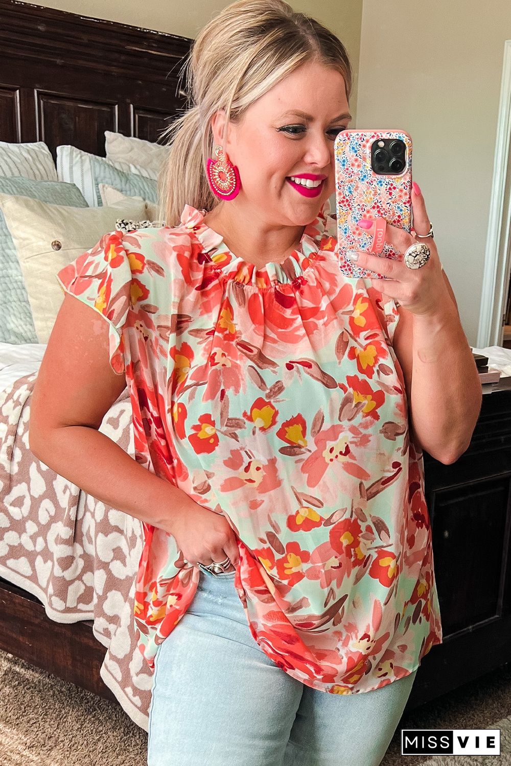 Red Plus Size Watercolor Floral Print Frill Neck Blouse