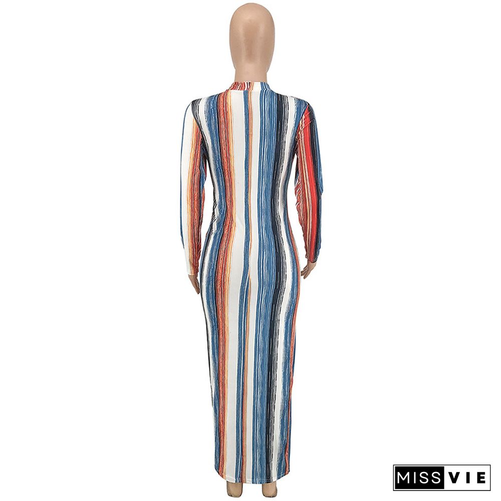 Colorful Stripes Full Sleeves Bandage Ankle-length Maxi Dress