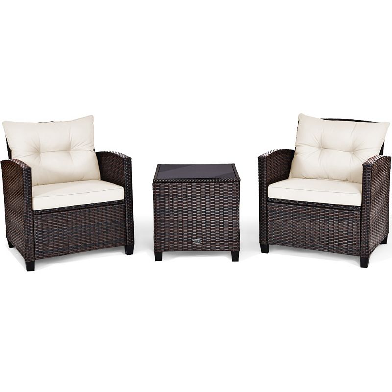 3 Pcs Patio Rattan Furniture Set Cushioned Conversation Set Coffee Table