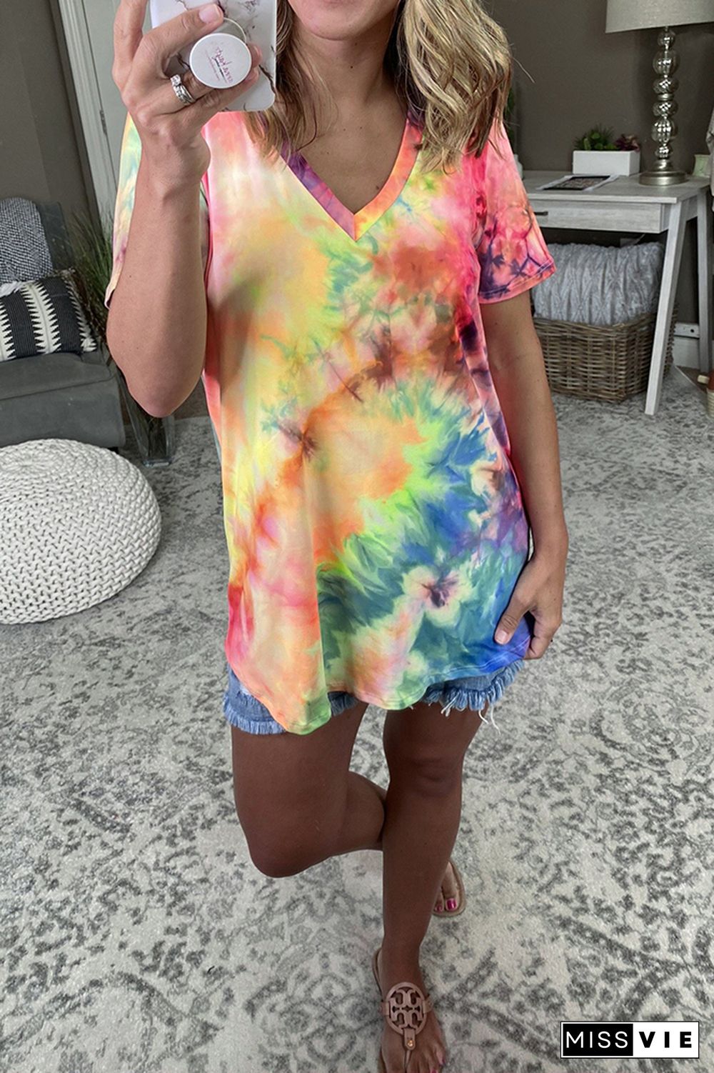 Summer Tie Dye Printed V-neck Short Sleeve T-shirt