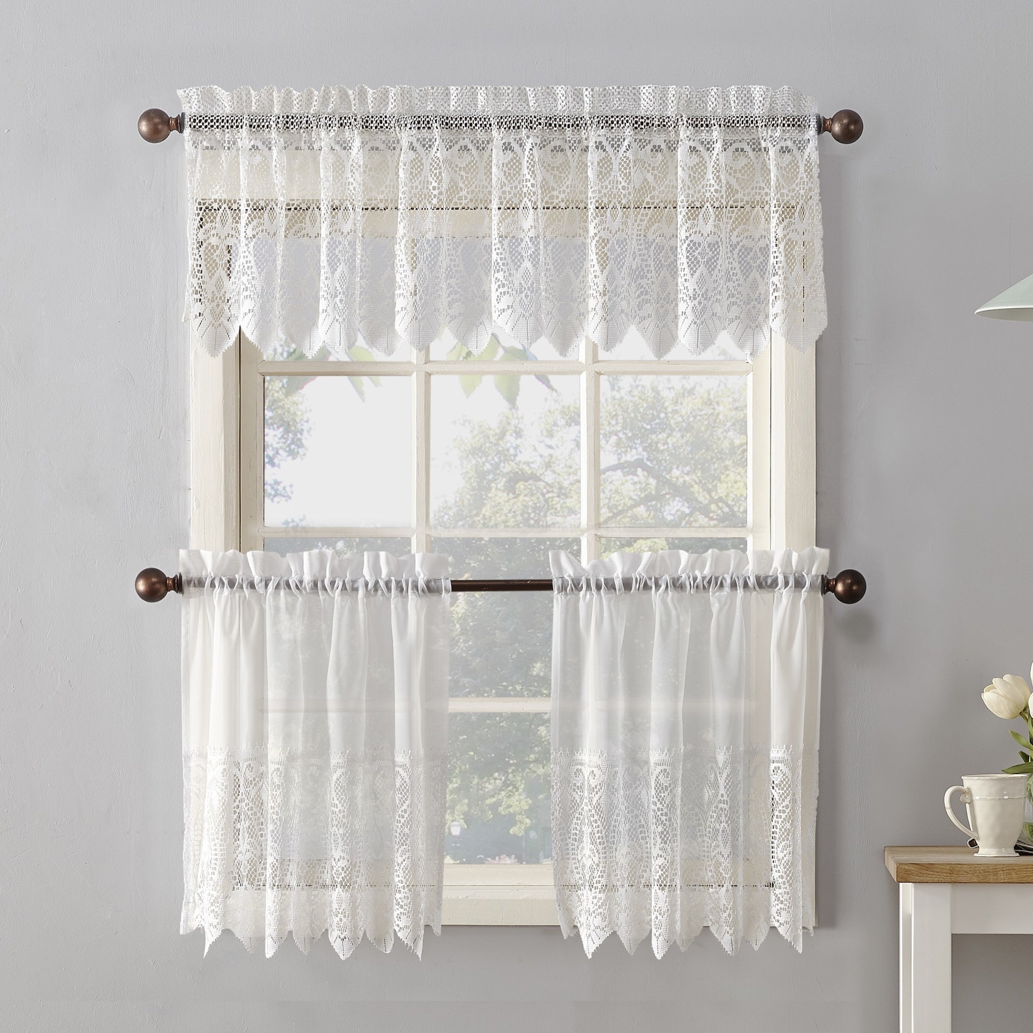 No. 918 Joy Macrame Lace Trim Semi-Sheer Rod Pocket Kitchen Curtains, 60x15