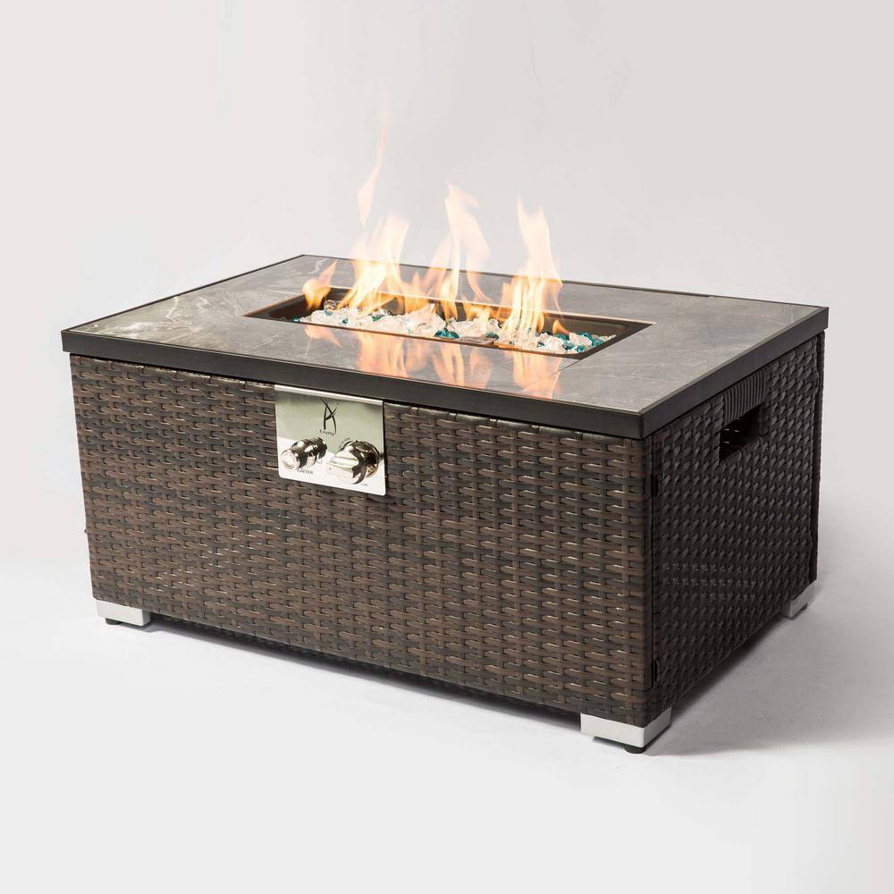 Sireck 32 in. Brown Rectangle Wicker Ceramic Tile Metal Fire Pit Table ZZQ-THDXP1041