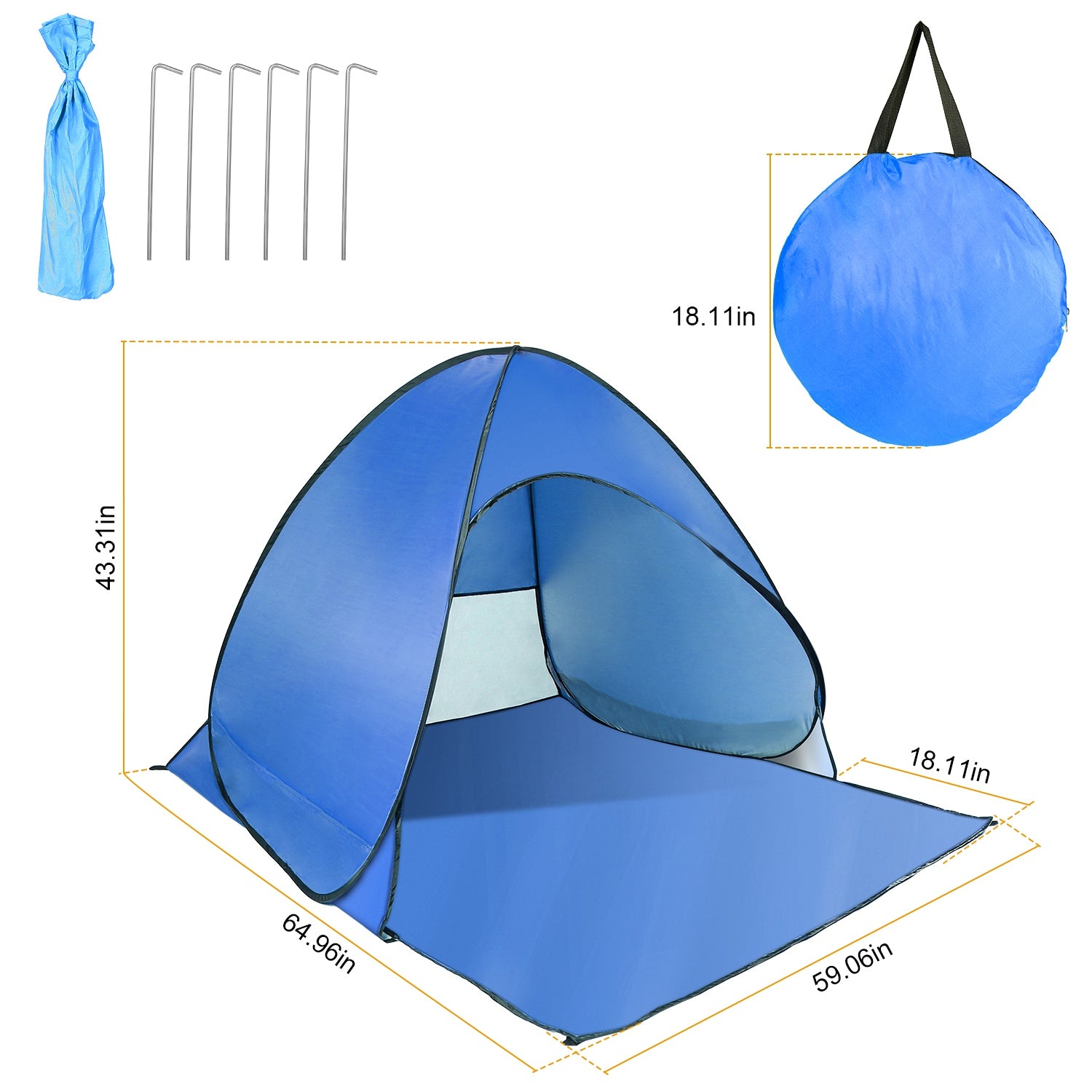 Blue Anti-UV Pop Up Beach Tent， Beach Shade with Carry Bag for 2-3 Person