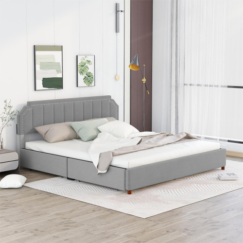 Queen Size Upholstery Platform Bed with Four Stora...