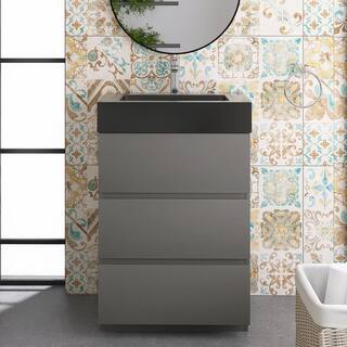 JimsMaison 24 in. W x 18 in. D x 37 in. H Freestanding Bath Vanity in Grey with Black Solid Surface Top Alice-F24GRB