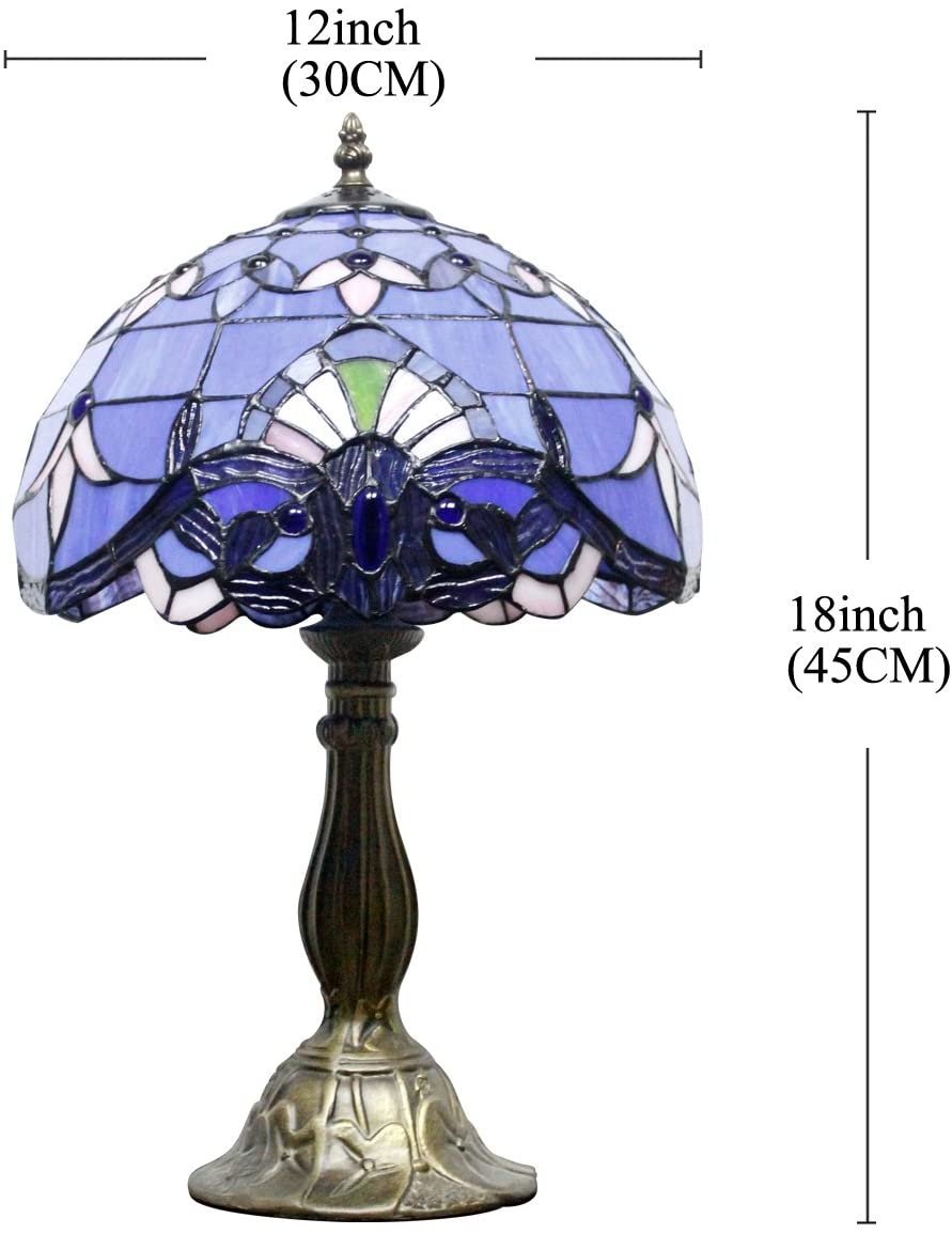 SHADY  Lamp Stained Glass Table Lamp 12X12X18 Inches Blue  Baroque Style Lavender Bedside Reading Desk Light Decor Bedroom Living Room Home Office S003C Series