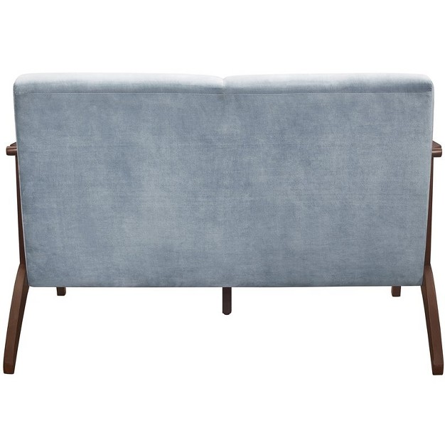 Carlson Velvet Upholstered Loveseat In Blue Gray And Dark Walnut Lexicon