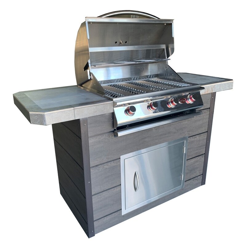 4-Burner， 7 ft. Synthetic Wood and Tile Propane Gas Grill Island in Stainless Steel