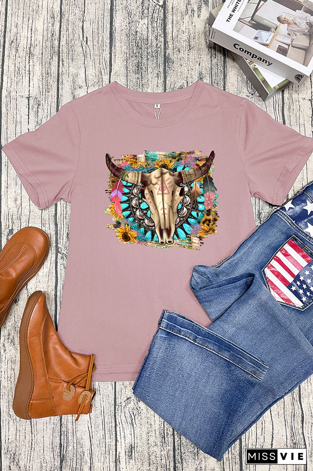 Western Boho Skull Pngturquoise And Leopard Short Sleeve Graphic Tee Wholesale