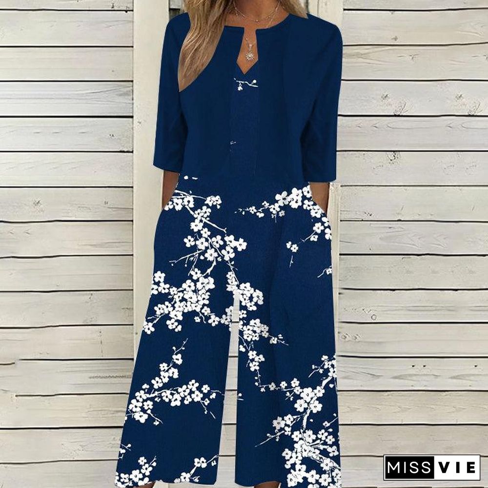 Dark Blue Floral Print Jumpsuit With Jacket