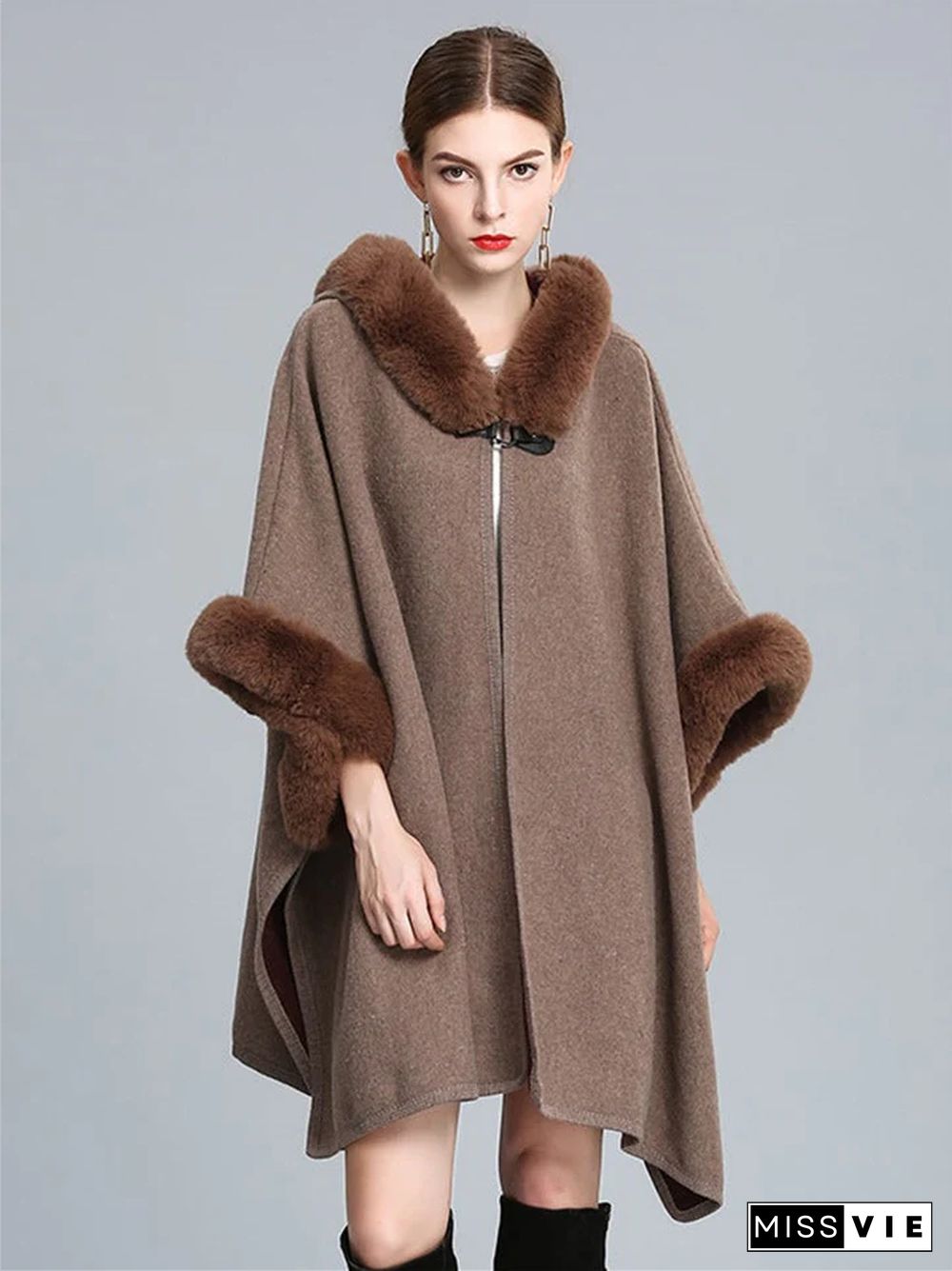 Autumn and Winter Fur Collar Hooded Shawl Cloak Large Size Woolen Coat Loose Cardigan Women