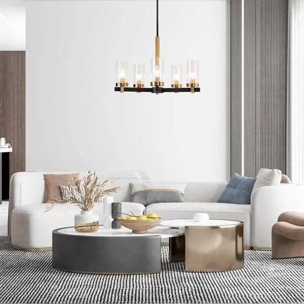 Modern Glam 5-Light Black Gold Cylinder Glass Chandelier for Dining Room - 22