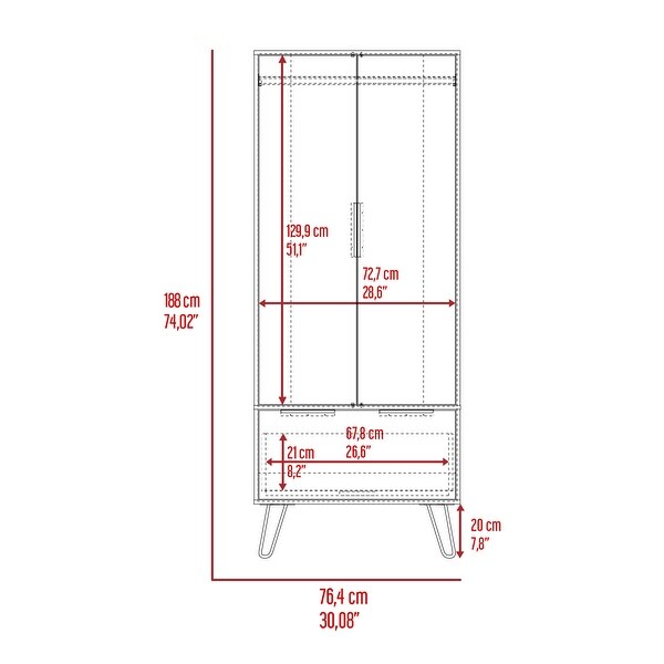 TUHOME Augusta Closet with Hanging Rod， Drawer， Hairpin Legs， and Double Door Cabinet - - 35438217