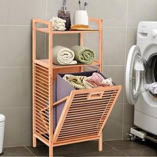 Costway Natural Bamboo Laundry Hamper Tilt Out Bin Shelf Storage HW56582