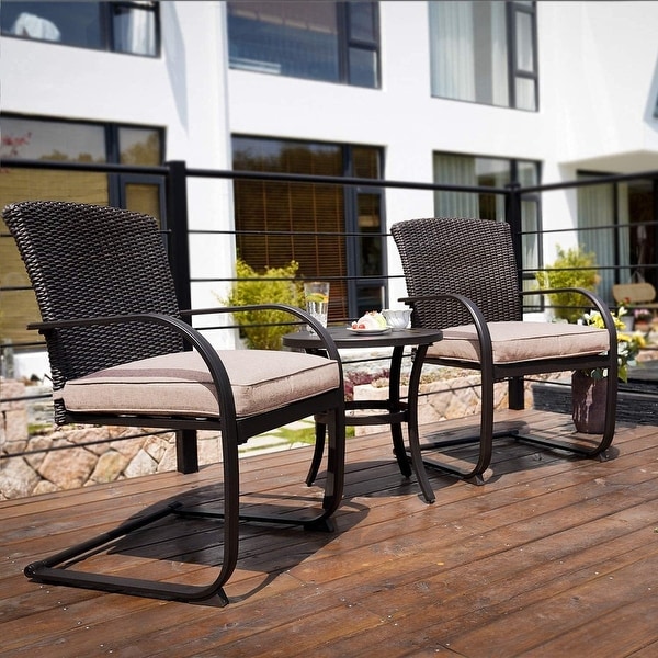 3 Piece CSpring Bistro Set，Outdoor Patio Rocking Wicker Chairs with Cushions and Small Coffee Table，for Porch，Garden