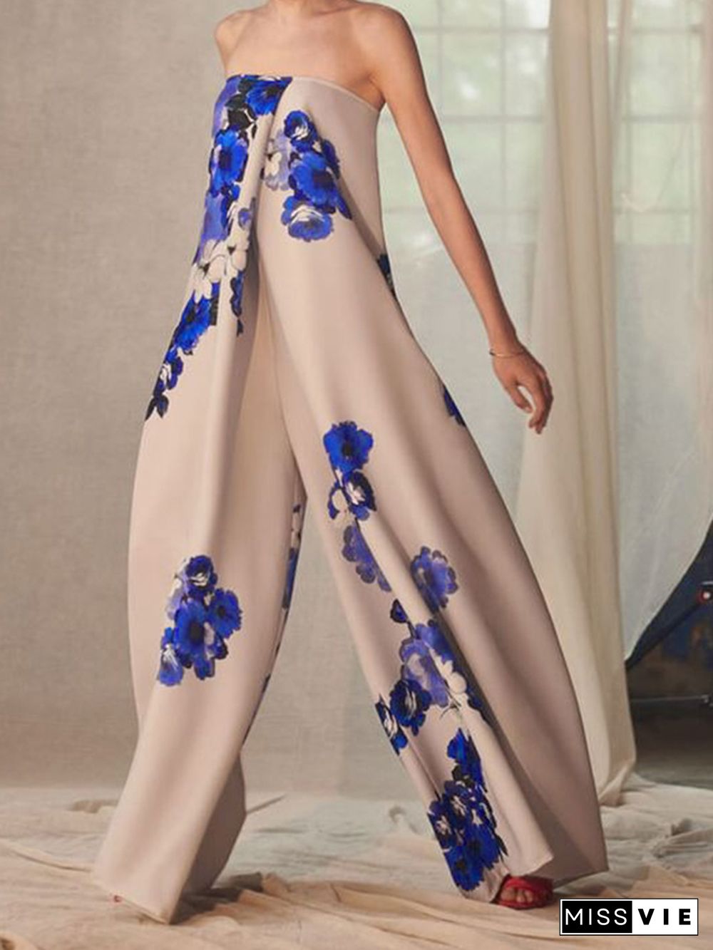 Loose Wide Leg Flower Print Pleated Wide Side Off-The-Shoulder Jumpsuits