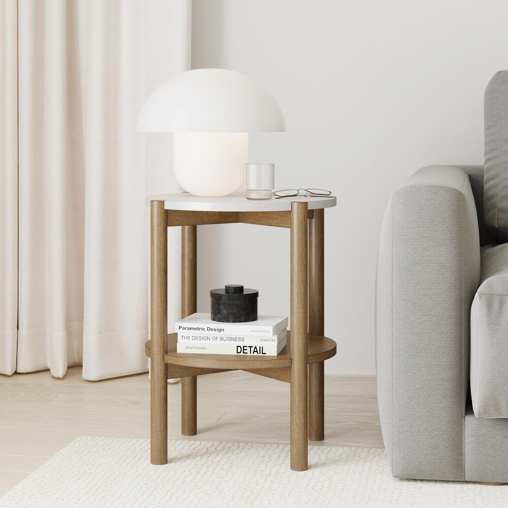 Nathan James Tucker Round Accent Small Side Table  Wood Sofa End Table with Marble Top for Living Room or Bedroom