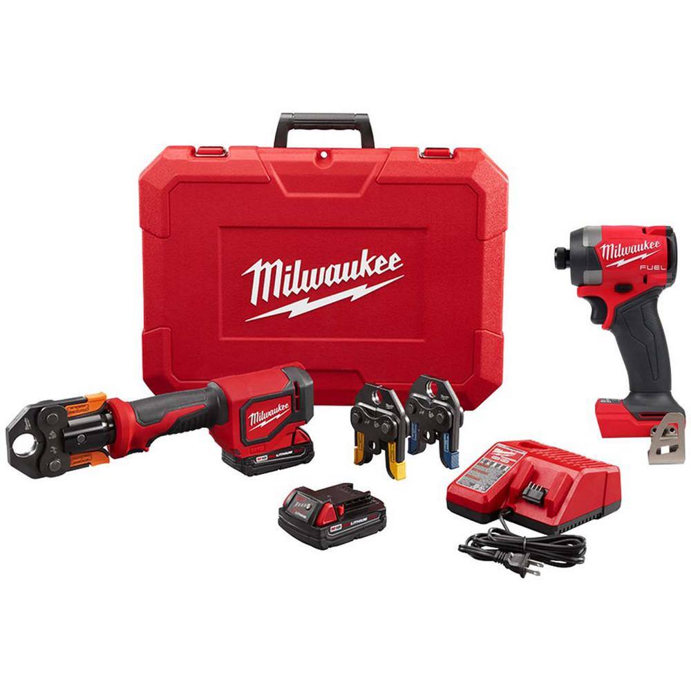 MW M18 18V Lithium-Ion Cordless Short Throw PEX Press Tool Kit  M18 FUEL 18V Lithium-Ion Cordless 14 in Hex Impact Driver 2674-22P-2953-20