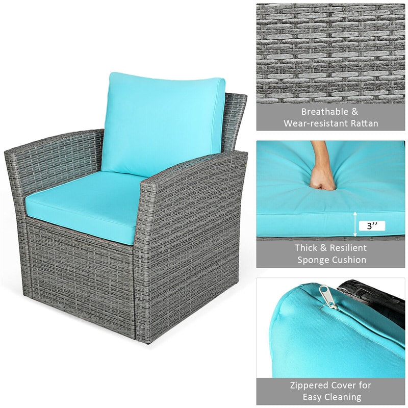 4 Pcs Rattan Patio Sectional Furniture Set with Storage Shelf Table, Cushioned Outdoor Wicker Conversation Sofa Set