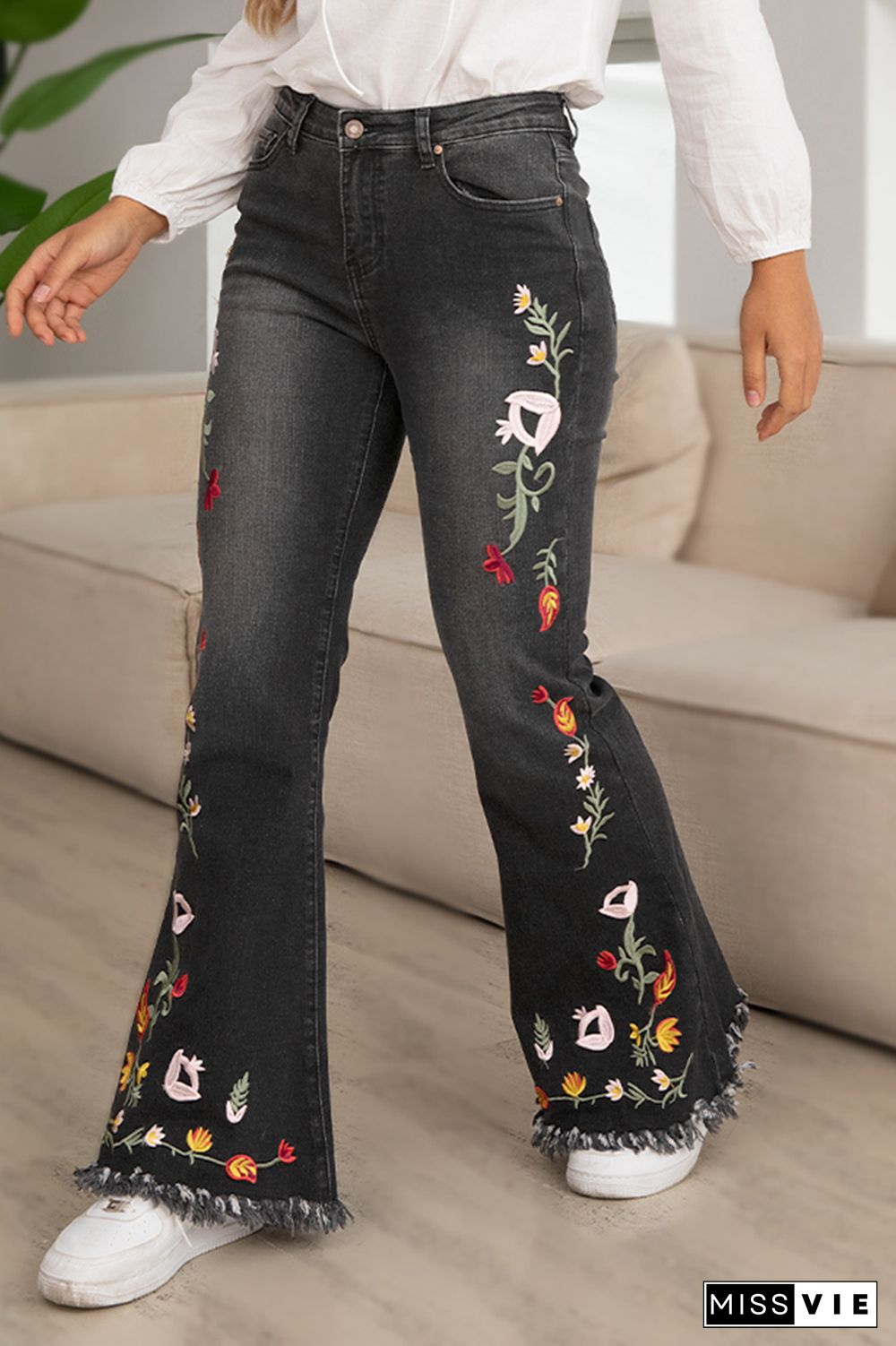 Floral Embroidery Raw Hem Mid Rise Flare Jeans