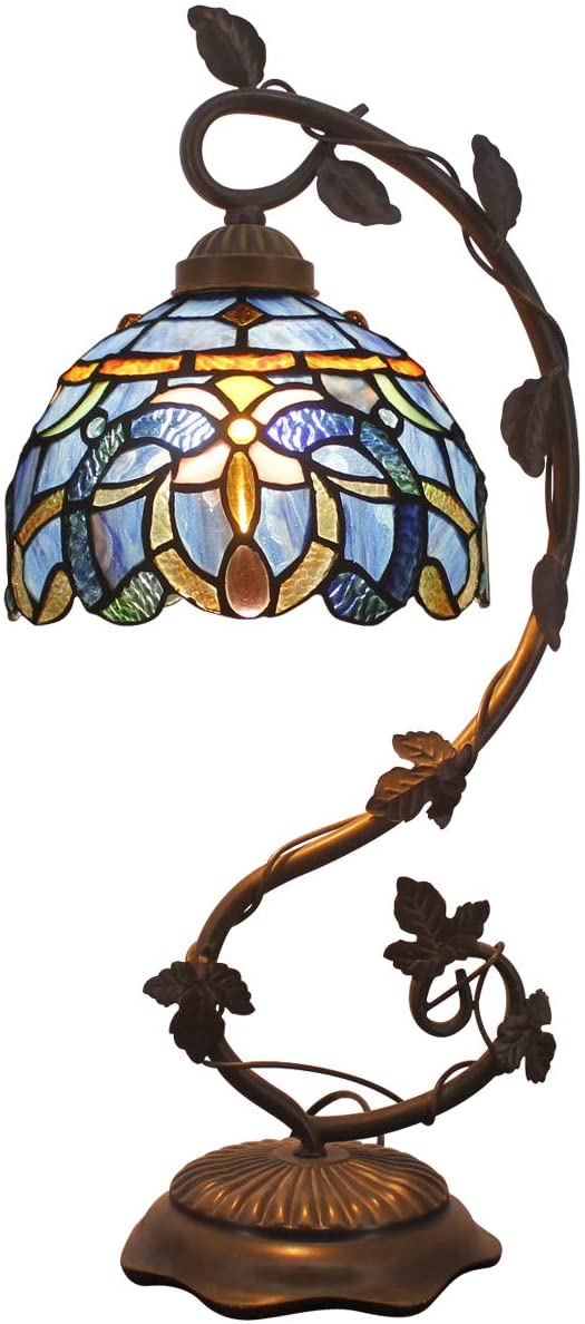 SHADY  Lamp Cloudy Blue Stained Glass Table Lamp  Metal Leaf Base 8X10X21 Inches Reading Desk Light Decor Small Space Bedside Bedroom Home Office S558 Series